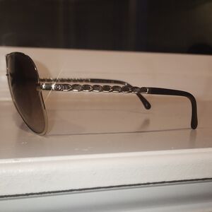 Brown And Gold Chanel Aviator Chain Sunglasses